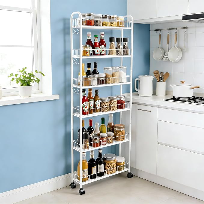 Slim Rolling Storage Cart with Wheels, 6in 6 Tier White | Narrow Space Shelving Unit, Metal Wire Mobile Organizer Rack for Kitchen Bathroom Office Laundry