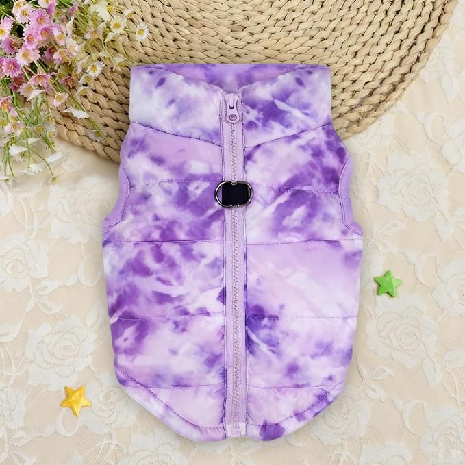 Idepet Pet Dog Cat Coat with Leash Anchor Color Patchwork Padded Puppy Vest Jacket Teddy Chihuahua Costumes Pug Cloth XS S M L(Large,Purple Tie-dye)