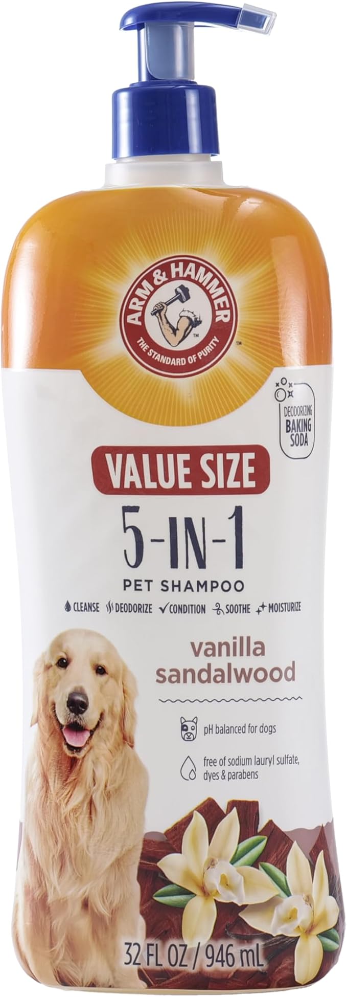Arm & Hammer for Pets 5-in-1 Pet Shampoo with Conditioner, Vanilla Sandalwood Scent - Deodorizing, Skin Soothing, and Moisturizing Ingredients, Dog Oatmeal Shampoo with Aloe and Shea Butter, 32 Fl Oz