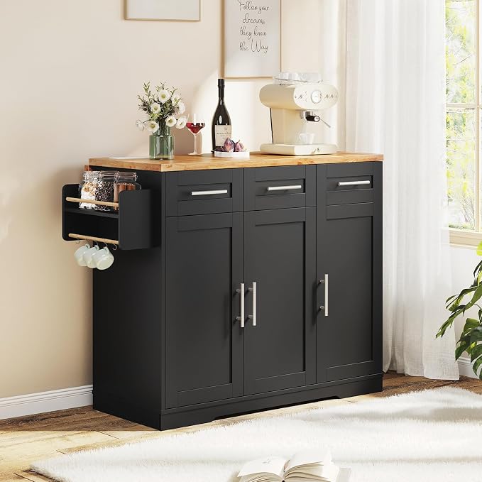 Dripex 41.5'' Rolling Kitchen Island with Power Outlet, Trash Can & Storage | Kitchen Island with Storage & Drop Leaf, Rubberwood Top, 3 Drawers, Mobile Kitchen Island on Wheels for Dining Room, Black