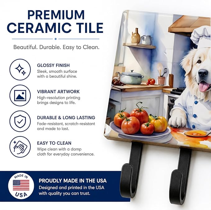 Caroline's Treasures Great Pyrenees The Chef Leash or Key Holder Wall Hooks, Key Hooks Holder, Coat Rack Wall Mount, Coat Hooks, Hooks for Hanging Keys, Towels, Aprons, Leashes | Great Pyrenees The Chef artwork on ceramic tile with three steel hooks fo...