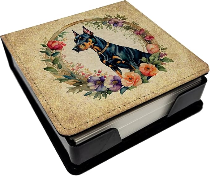 Caroline's Treasures Doberman Pinscher and Flowers PU Leather Note Paper Holder with Artist-Designed Cover, Desk Accessory, Office Gift