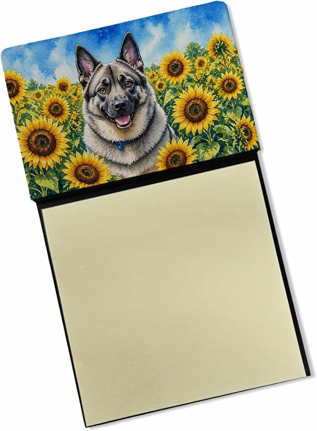 Caroline's Treasures Norwegian Elkhound in Sunflowers Watercolor Sticky Note Holder Refillable Dispenser Desk Accessory 3x3 Pad Gift