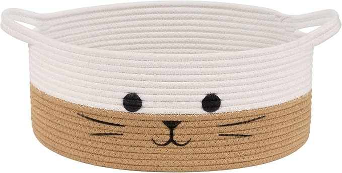 Medium Woven Rope Cat Toy Basket with Cat Face, White Jute | 13.8" x 6" Cat Toy Storage Bin for Living Room & Nursery, Pet Gift Basket Empty with Sturdy Handles, Cozy Cats Bed