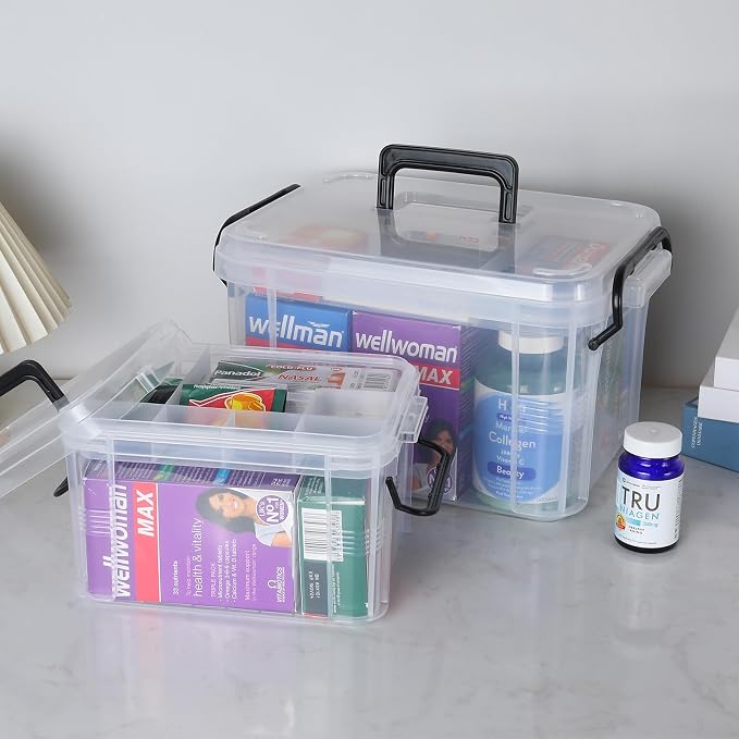 HEY FOLY 15qt Clear Medicine Organizer Storage Box, Plastic First Aid Box Empty, Thickened Medicine Container Chest, Multipurpose Medical Case with Labels, Medicine Caddy with Lids