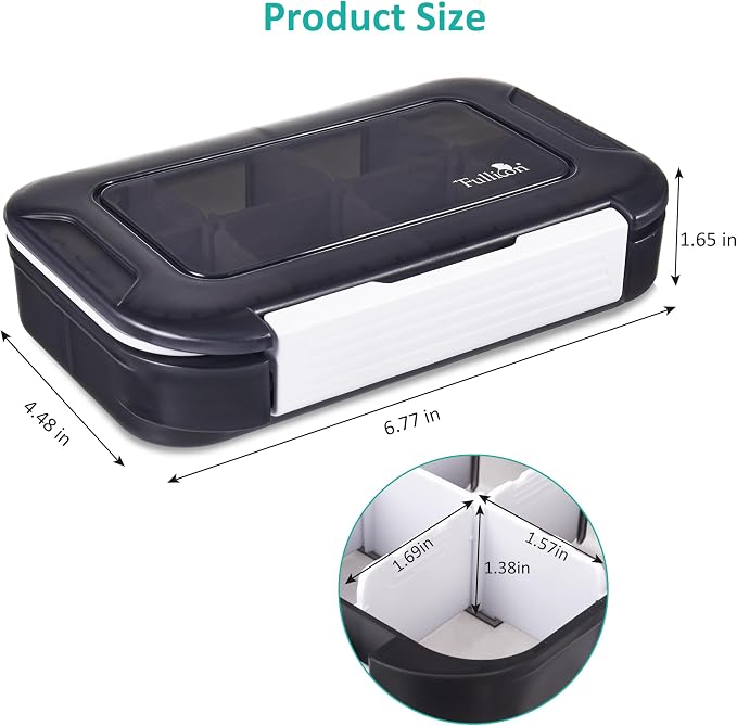 Fullicon Moisture Proof Pill Organizer, 8 Compartment Travel Case, Black | Holds Up to 66 Capsules or 17 Fish Oils, Safety Buckle, Removable Dividers, Labeling Stickers Included, Stackable Design