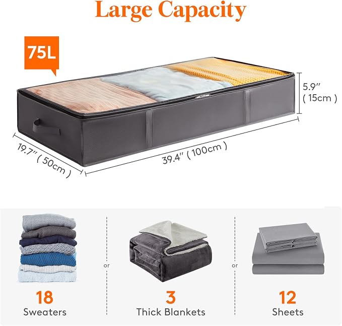 Lifewit 6 Packs Under Bed Storage Containers, Large Capacity Blanket Storage Bags with Reinforced Handles, Organization and Storage for Clothes, Sheets, Towels, Bedroom, Closet, College Dorm, Grey