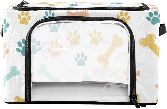 Pet Paw White print Under Bed Storage Containers with Double Zipper Openings, Foldable Clothes Storage Bins with Clear Window and Handles for Comforters Bedding Blankets