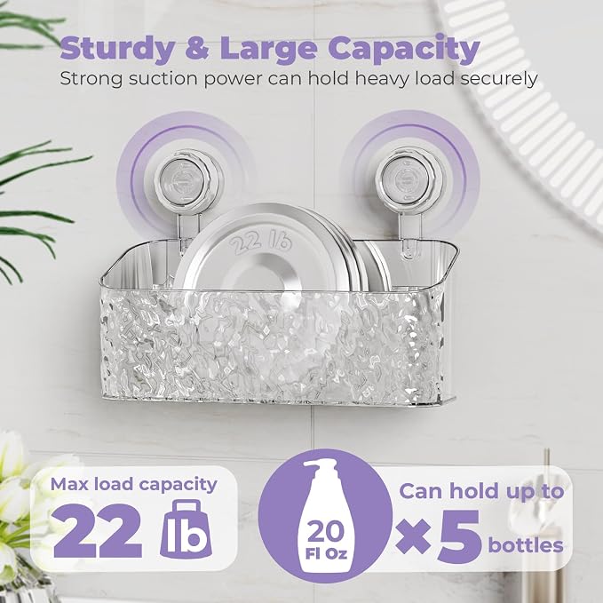 Shower Caddy Suction Cup, 3 Piece Set Organizer with Soap Dish, No Drilling Shelf for Inside Shower, Reusable for Bathroom Kitchen Living Room, Clear