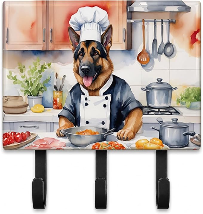 Caroline's Treasures German Shepherd The Chef Leash or Key Holder Wall Hooks, Key Hooks Holder, Coat Rack Wall Mount, Coat Hooks, Hooks for Hanging Keys, Towels, Aprons, Leashes | German Shepherd The Chef artwork on ceramic tile with three steel hooks ...