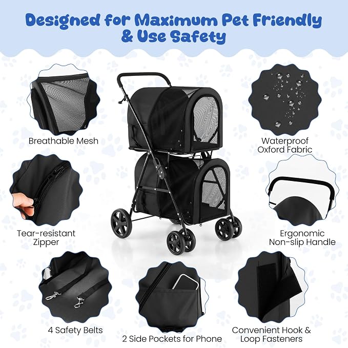 Dog Stroller with 2 Detachable Carrier, Pet Stroller for Small Medium Dogs Cats, Jogger/Travel/Camping, 4-in-1 Doggy Pet Carrier, Carrier Strolling Cart with Lockable Wheels (Black)