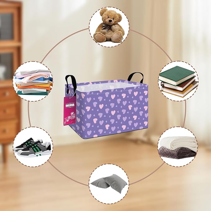 Rectangular Purple hearts Storage Basket | Gifts Bag for Toys,Books,Clothes,Gifts,Pets-Perfect for Home,Office,Nursery,Dorm,Shelf
