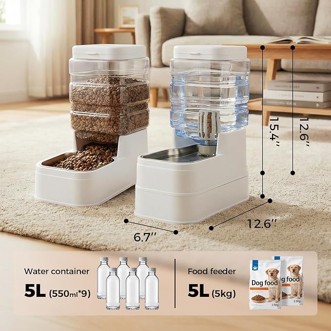 Automatic Cat Feeder and Water Dispenser with Stainless Steel Bowl with Ice Pack Gravity Food Feeder and Waterer Set Feeding Raised Bowls with Filter for Dog 1.3 Gallon x 2(White)