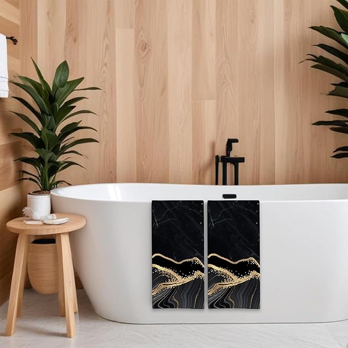 Gold Black Marble Hand Towels,Set of 2 Absorbent Bath Towel Kitchen Dish Towel Home Gym Hotel Bathroom Decor,16x24 Inches