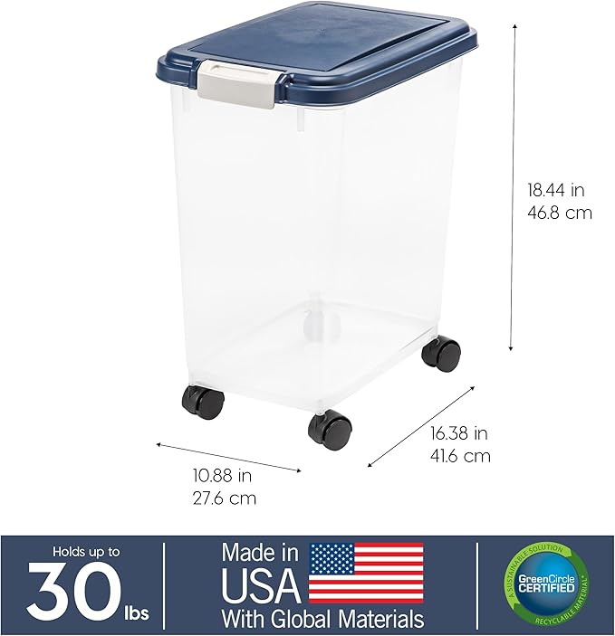 IRIS USA Dog Food Storage Container, Up to 30 lbs, Navy, Made in USA | Wheels for Mobility, Airtight Seal, BPA-Free, Best for Bird Seed, Cat food, Cat Litter, Chicken Feed, Pellets