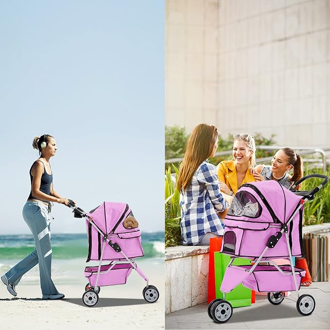 TTY Store Best 3 Wheels Pet Stroller for Dog Cat or Small Pet, Lightweight Foldable Pink