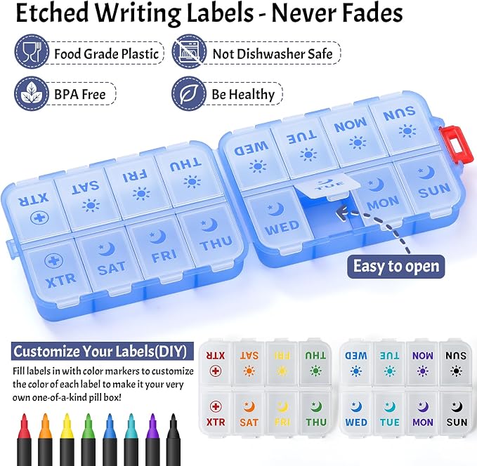 Foldable Weekly Pill Organizer 2 Times a Day with 2 Extra Compartments - Etched Labels - Portable 7 Day AM PM Medicine Box, Week Daily Travel Pill Case Holder for Meds, Vitamin, Supplement -Clear Blue