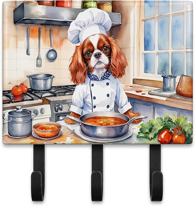 Caroline's Treasures Cavalier Spaniel The Chef Leash or Key Holder Wall Hooks, Key Hooks Holder, Coat Rack Wall Mount, Coat Hooks, Hooks for Hanging Keys, Towels, Aprons, Leashes | Cavalier Spaniel The Chef artwork on ceramic tile with three steel hook...