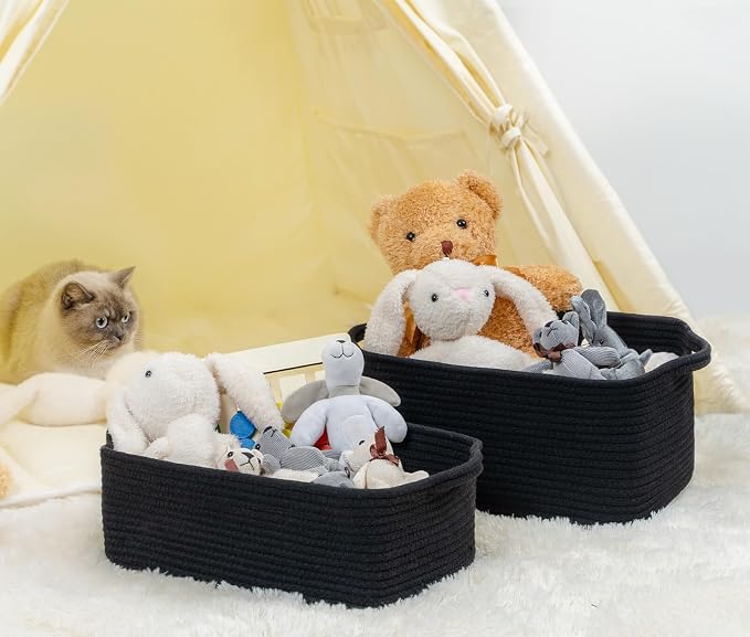 CubesLand Cube Storage Organizer Basket Bin, Cotton Rope Shelves Basket | Durable Woven Rectangular Shelf Basket for Organizing, Nursery Toys Basket, Black Basket