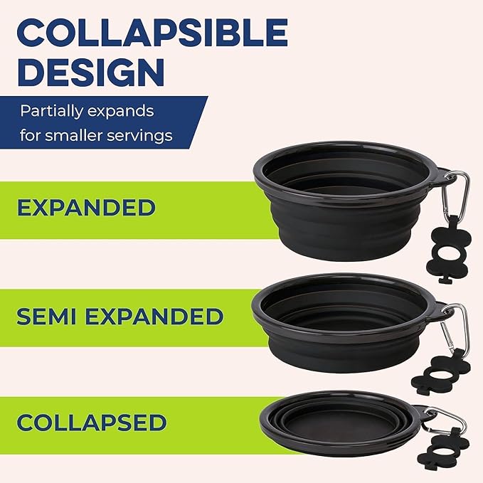 Bonza Collapsible Dog Bowls - 2 Pack, Small 12 oz, Dog Travel Accessories, Silicone Portable Dogs Bowl & Water Dish with Reinforced Rim & Carabiner for Hiking, Camping, and Car Trips, Black