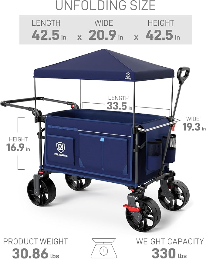 EVER ADVANCED Folding Push Wagon with Canopy, Shopping Cart with Brakes | Portable Collapsible Wagon Cart with All-Terrain Big Wheels for Camping, Beach, Sports