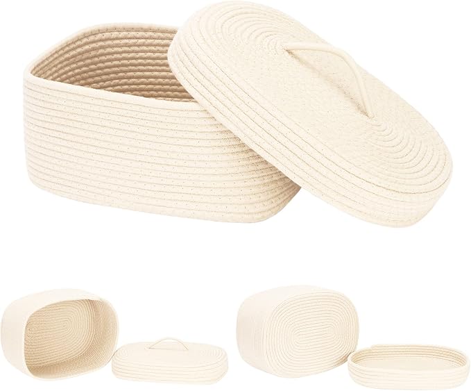 Sea Team Oval Storage Basket, Woven Cotton Rope Basket with Lid, Cream | Decorative Knitted Storage Bin, Multi-Purpose Lidded Organizer for Closet Shelves, Nursery and Household Storage
