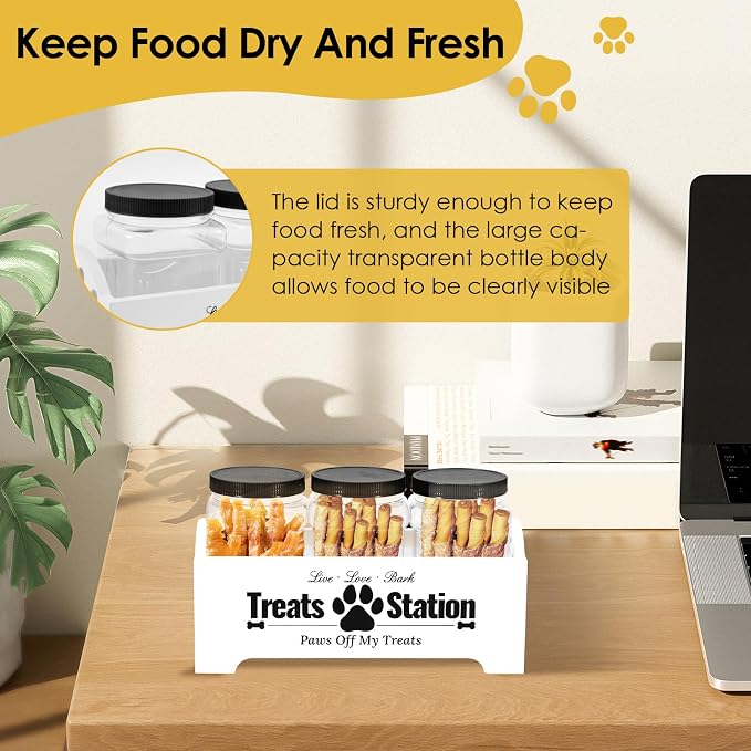 Dog Treat Container With 3 Plastic Cat Food Jars, Farmhouse Pet Storage Organizer for Dogs and Cats (White)