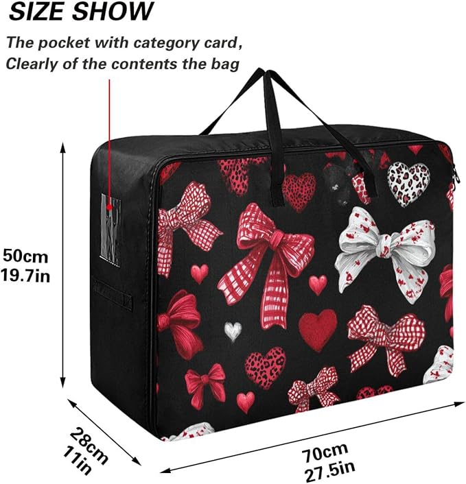 Comforter Storage Bags Large Folding Blanket Organizer Bag with Strong Handles Clear Window Closet Storage Containers for Clothes King Queen Pillows Bedding Quilt Duvet Red Bows Hearts