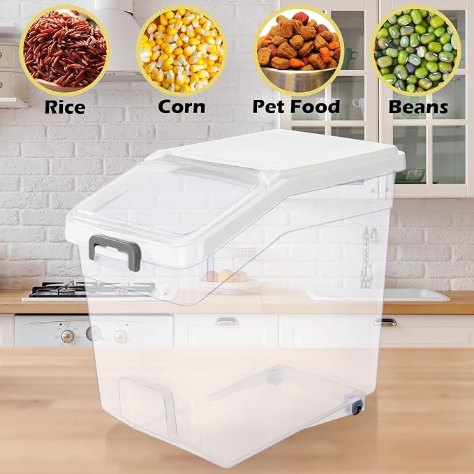 Sunnyray 4 Pcs Rice Storage Container 38 lb Flour Container with Wheels Measuring Cup Clear Pet Food Bin Dog Birds Cat Food Bin Grain Cereal Organizer Box for Dry Baking Supplies(White Lid)