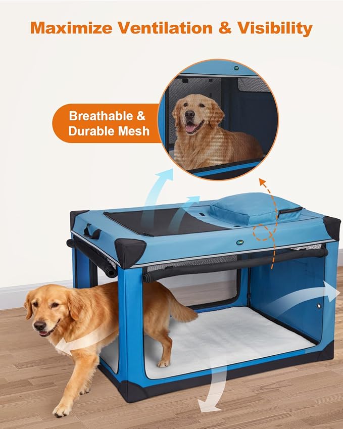 Ownpets 48 inch XXL Collapsible Dog Crate for Large Dogs, Portable Travel Dog Crate, 4-Door Foldable Pet Kennel with Durable Mesh Windows and Soft Mat, Blue | Foldable, Portable, 4-Doors, 4-Side Mesh Windows, Steel Frame Oxford Cloth, Soft Cushion Mat,...