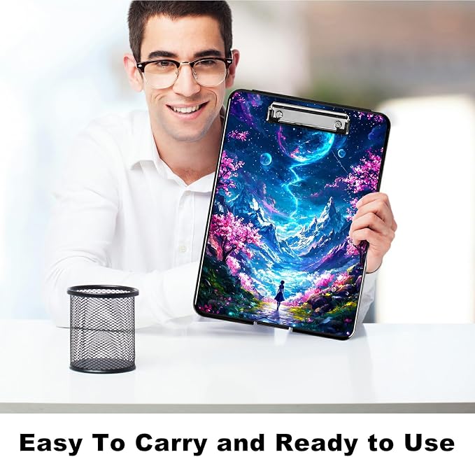 Moon Pink Tree A4 Clipboard with Storage Pen Holder, Clipboards Organizer Nursing Clipboard Foldable File Folder Plastic Clipboard Folio Clip Board for Office Students Classroom Doctor