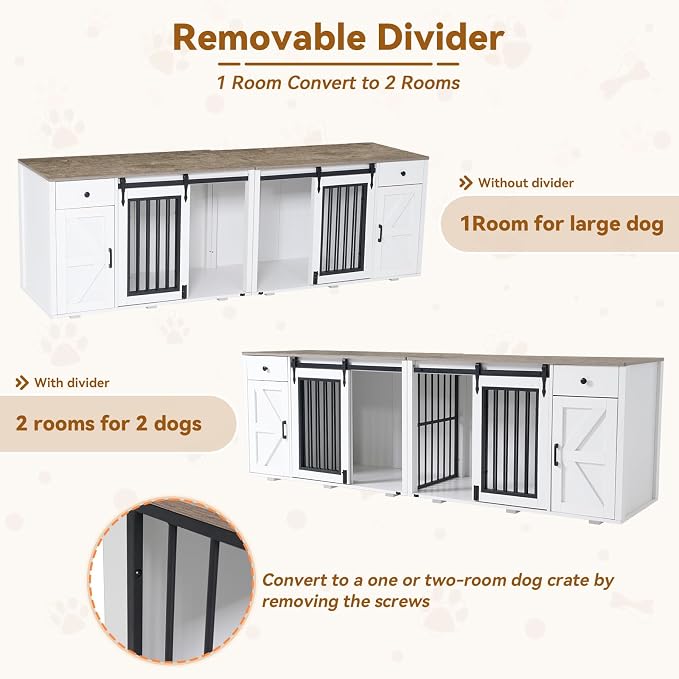Verano Garden 88" Dog Crate Furniture, Dog Kennel Cage, White (88") | 2-in-1, Lockable, Decorative, Sliding Door, Removable Divider, Adjustable Shelf, Farmhouse, Heavy Duty, Small Medium Dogs