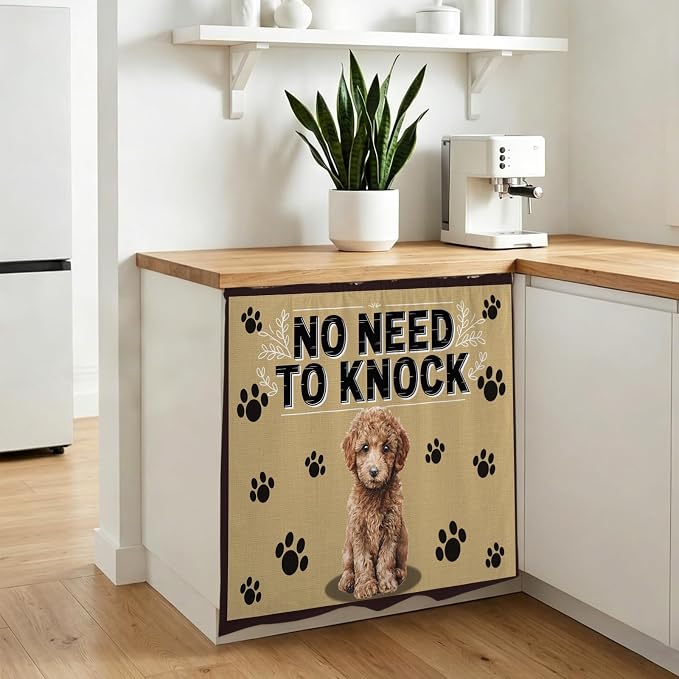 NO Need to Knock Cabinet Dishwasher Hidden Curtains, Privacy Closet Door Curtain, Poodle Dog Paw Prints Pet Lover Farmhouse Adhesive Dust Proof Under Sink Skirt for Bathroom Kitchen 35"x35"