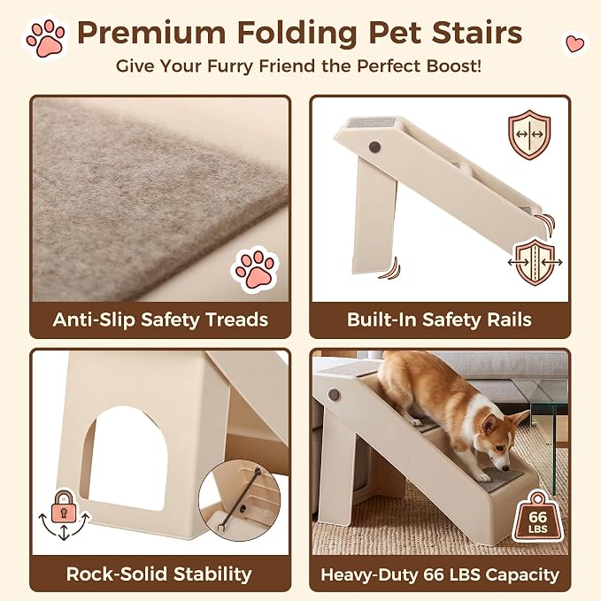 Foldable Dog Stairs 3-Step Pet Ramp Steps for Dogs and Cats, for Couch Sofa,High Bed Non-Slip Balanced Indoor Step Support, Yellowish