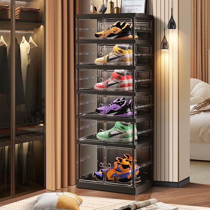 CIMLORD 6-Tier Foldable Shoe Rack, Magnetic Clear Doors, 12 Pairs, Black | Collapsible Narrow Plastic Shoe Cabinet, Stackable, Lidded, Tool-Free Assembly, Fits Boots & Sneakers, Closet & Entryway