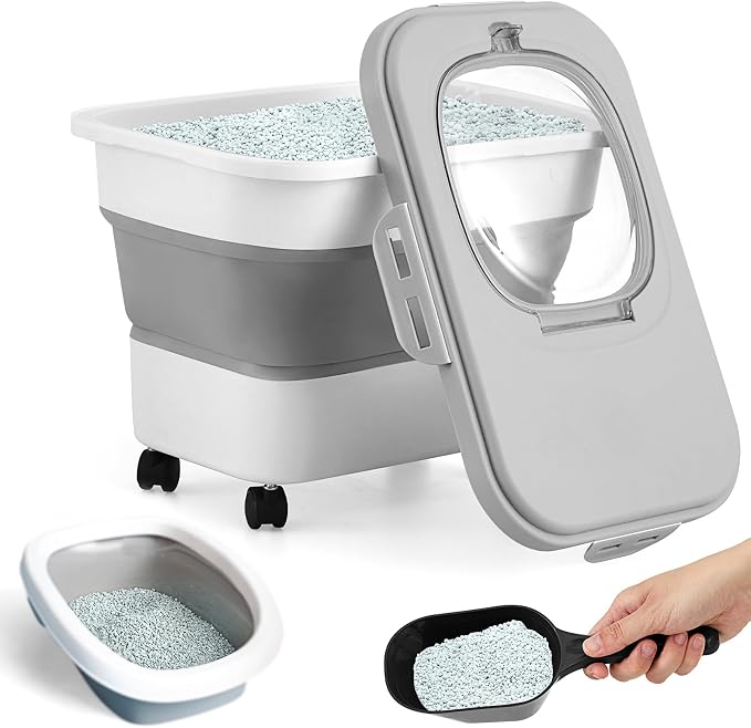 Juexica Collapsible Cat Litter Storage Bin Container with Rolling Casters, 20 Lbs Portable Cat Litter Storage Container with Airtight Lids, Shovel, Kitchen Cereal Rice Leakproof Sealable(Grey, White)
