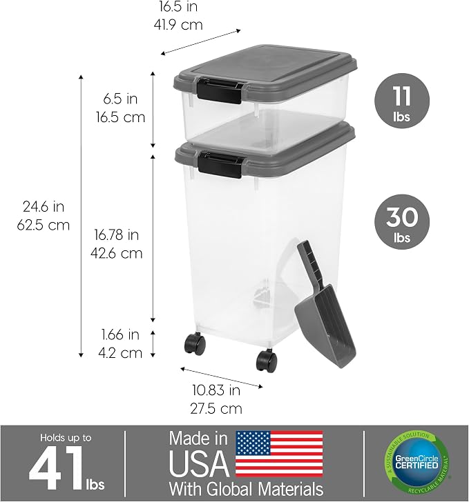 IRIS USA Dog Food Storage Container, Up to 30+11 lbs, Dark Gray | Made in the USA, Includes 2-Cup Scoop & Wheels, Airtight Seal, BPA-Free, Bird Seed, Cat food, Cat Litter, Treats, Toys