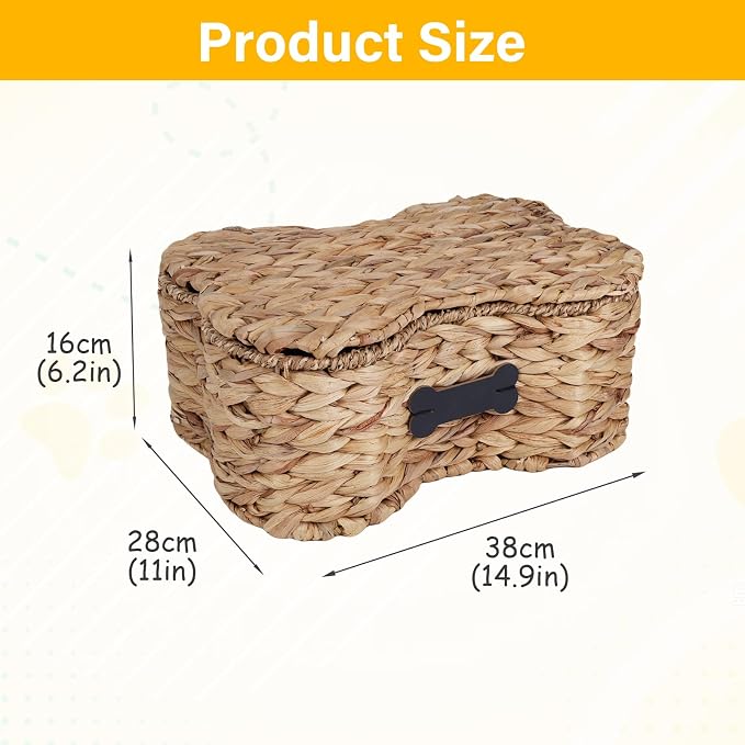 Pethiy Dog Toy Basket with Lid, Woven Water Hyacinth Pet Toy Storage, Seagrass Edge Dog Toys Organizer Bone Shape Basket Toy Box for Dogs Bone Shaped Basket