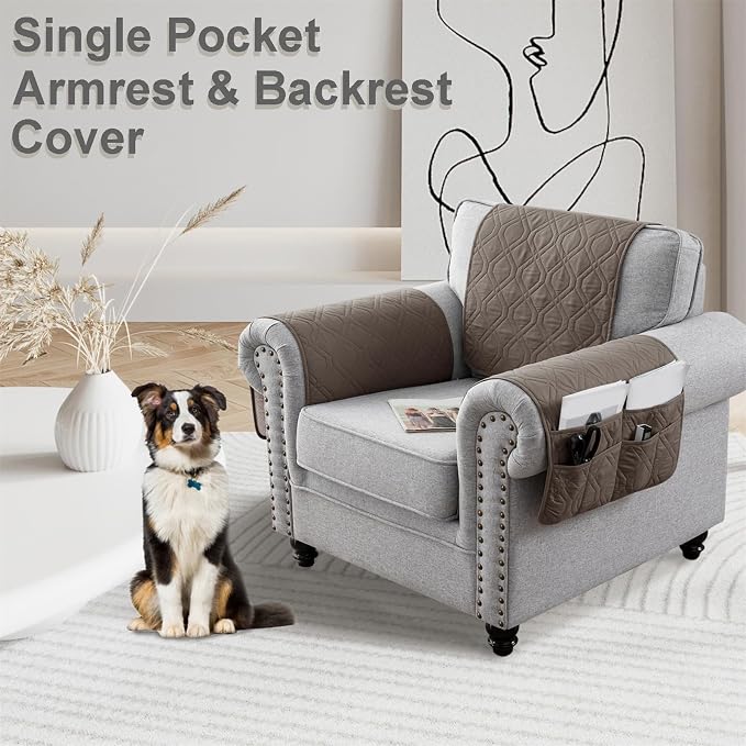 Recliner Armrest Cover with Headrest, Chair Armrest Slipcover with Side Pockets, Water-Resistant, Non Slip Furniture Protector for Pets (Gray Brown,3 Seater 5PCS)