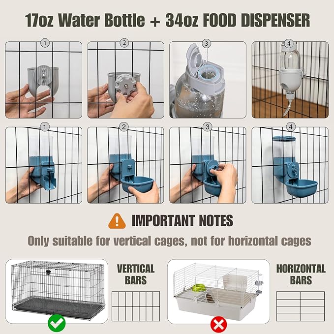 Automatic Pet Food Water Dispenser, Auto Gravity Pet Feeder Water Bottle Set for Crate Cage for Puppy Cat Rabbit Guinea Pigs Chinchilla Ferret Hedgehog (Grey)