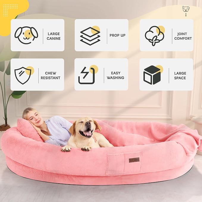Fvkind Human Sized Dog Beds for People, Human Dog Bed, 70"x33"x12", Pink | Cozy Human Size Dog Bed for Adults and Pets, Thick Orthopedic Egg Crate Foam, Faux Fur Cover, Blanket and Pillow Included