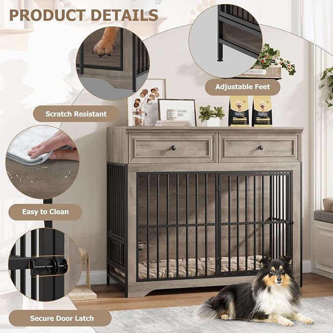 QUW 42" Modern Dog Crate Furniture, Wooden Dog Kennel, Grey | Medium to Large, 360° Rotating & 3-Levels Adjustable Height Dogs Bowl Holder, Decorative Dogs Cage Pet House Indoor