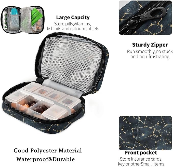 Fustylead Beautiful Constellation Mystic Stars Pill Organizer and Storage Weekly with Zipper, Removable Pill Box Portable Medicine Organizer for Vitamin Fish Oil Supplement