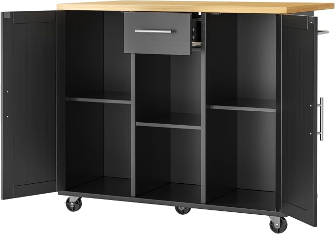 JY QAQA 42" Kitchen Island with Storage on Wheels, Rolling Table with Drop Leaf, Drawers, Cart Handle for Towel Rack or Free Movement, Black