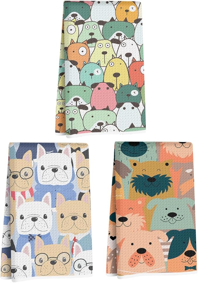 Hanamiya Na 3 Pcs Cute Cartoon Dog Kitchen Towels, Colorful Seamless Pattern Decorative Absorbent Microfiber Dish Cloth Tea Towel, Durable Hand Towels for Farmhouse Home Bathroom, Dog Lover Gifts