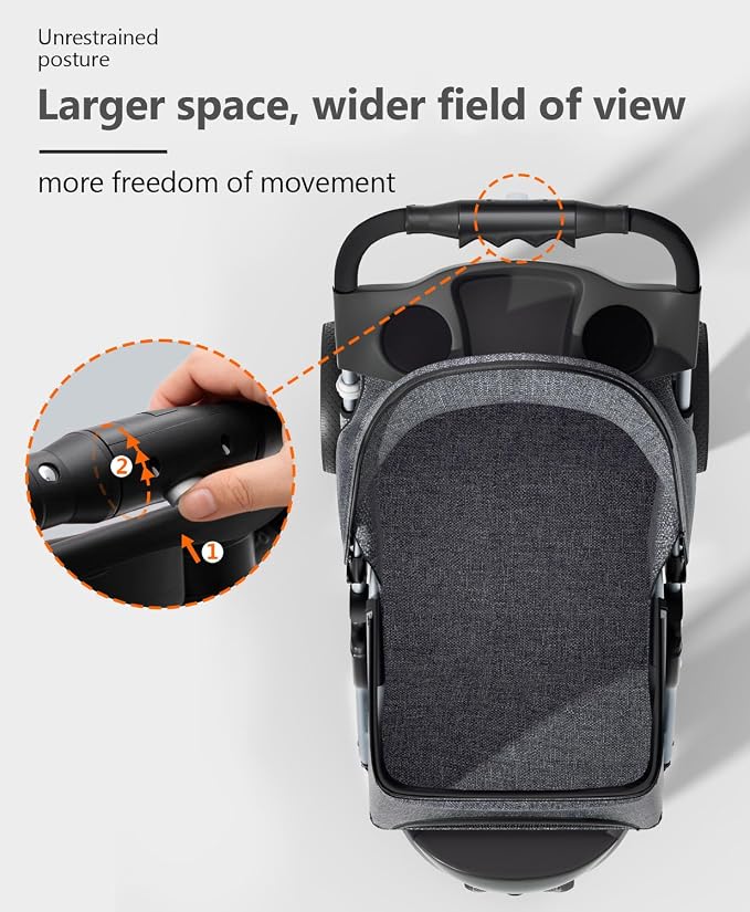 OS MOTOR 3 Wheels Pet Stroller for Small Medium Pets, Gray | Foldable Carrier Jogger, Rear Wheel Breaks, Storage Basket, Visible Mesh Weather Cover, Portable, Dog, Cat, Puppy, Kitty
