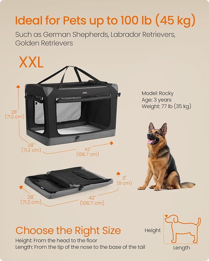 Feandrea Collapsible Dog Crate, Portable Oxford Fabric Pet Travel Crate with 4 Mesh Doors, Handles, Pocket, 42 Inches, for Large Dogs, Ink Black and Dove Gray UPDC031BH01