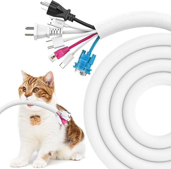 UOMTFAI Dog and Cat Cord Protector 10ft - 1inch, Flexible Cable Sleeve for Easy Cord Management, Protects Cables from Pets Chewing, Ideal for USB, Power, Audio and Video Cords - White