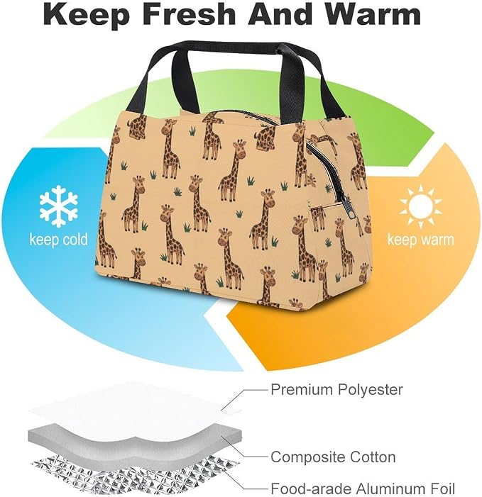 Portable Leakproof Insulated Lunch Tote, Giraffes Beige | Spacious Cooler Bag, with Sturdy Handles, Reusable Food Carrier Bag, for Outdoor Activities Travel Work