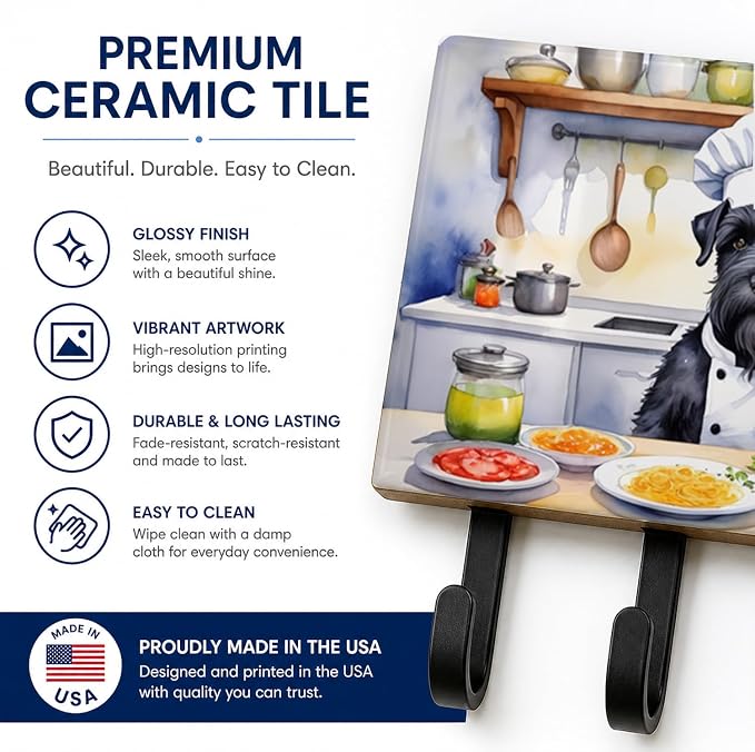 Caroline's Treasures Giant Schnauzer The Chef Leash or Key Holder Wall Hooks, Key Hooks Holder, Coat Rack Wall Mount, Coat Hooks, Hooks for Hanging Keys, Towels, Aprons, Leashes | Giant Schnauzer The Chef artwork on ceramic tile with three steel hooks ...